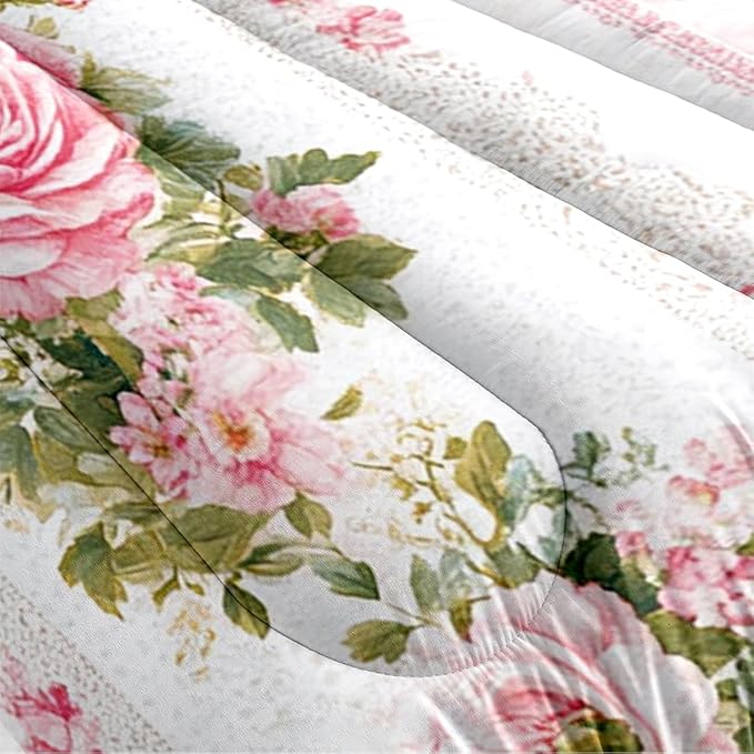 Women Girls Romantic Roses Floral Comforter Set, Twin Size 2-Piece Pink Stripe Comforter Sets, 1 Comforter 68"x 90", 1 Pillowcase, Soft Microfiber