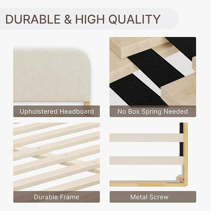KISLOT Wood Bed Frame with USB & Type-C, Boucle Headboard, Oat, Queen | Platform Bed, Mattress Foundation, No Box Spring Needed, Easy Assembly