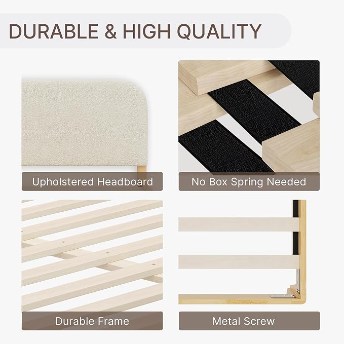 KISLOT Wood Bed Frame with USB & Type-C, Boucle Headboard, Oat, King | Platform Bed, Mattress Foundation, No Box Spring Needed, Easy Assembly