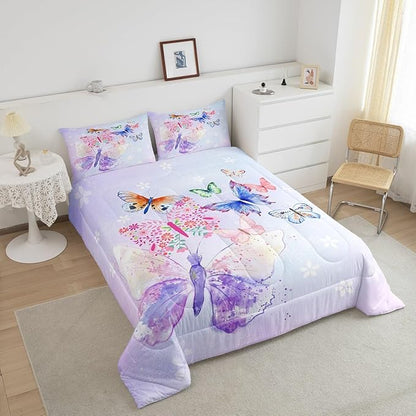 Purple Butterfly Comforter Set for Kids,Kids Girls Butterflies Bedding Sets Teens Cute Room Decor,Daisy Flowers Rustic Flying Animal Duvet Set Quilt Set Twin 1 Comforter with 1 Pillow Case