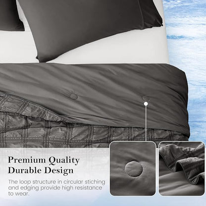 Cozy Bliss Cooling Comforter Seersucker Plaid King Size, Q-Max 0.45 Lightweight Cooling Blanket, Breathable Silk Smooth Summer Bedding Quilt for Hot Sleepers Night Sweats Gray