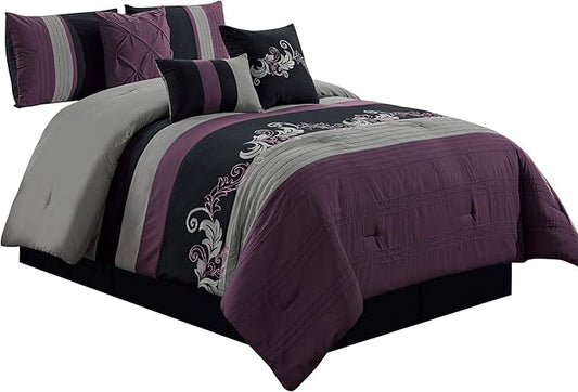 Chezmoi Collection Napa 7-Piece Luxury Leaves Scroll Embroidery Bedding Comforter Set (Full, Purple/Black/Gray)