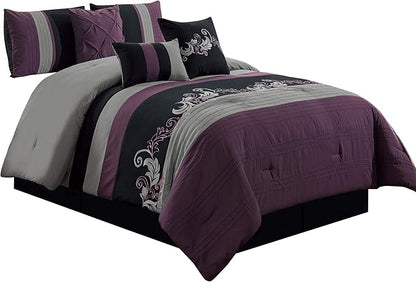 Chezmoi Collection Napa 7-Piece Luxury Leaves Scroll Embroidery Bedding Comforter Set (California King, Purple/Black/Gray)
