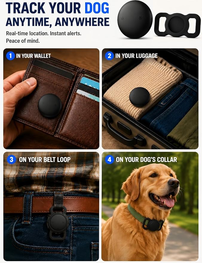 GPS Dog Tracker Collar (iOS & Android) - No Subscription Real-Time Tracking | Pet Smart Activity Finder Tag Works with Google Find Hub & Apple Find My App, Anti-Lost for Keys, Cat Kitten Items