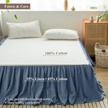BISELINA French Linen Bed Skirt with Pleated Frills 22-Inch Tailored Drop Natural Flax Cotton Blend Dust Ruffle Soft Cozy Farmhouse Bedding (22" Queen, Navy Blue)