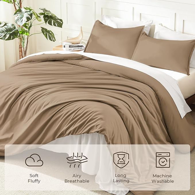 Litanika Comforters Taupe Oversized King Size, 3 Pieces Lightweight Solid Bedding Set & Collections, All Season Fluffy Bed Set (120x98In Comforter & 2 Pillowcases)