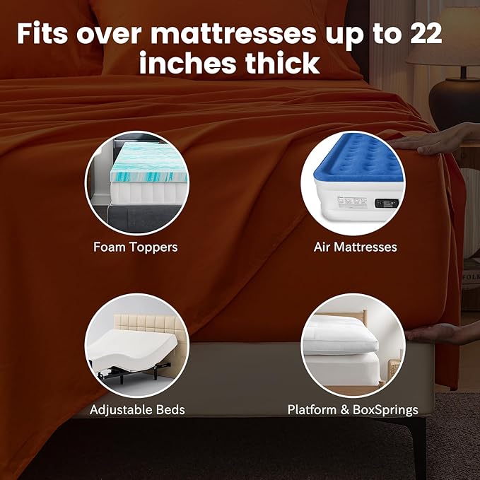 Bedlifes 100% French Linen Sheets King Size 18-24" Extra Deep Pocket 4-Piece Set Breathable & Moisture-Wicking,Soft & Durable Sheets for Thick Mattresses(Orange)
