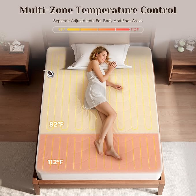 GOTCOZY Multi-Zone Heated Mattress Pad Twin Size - Electric Mattress Pad Fit up to 15" with 10 Heat Setting & 12 Hour Auto Off, Independent Body & Feet Heating, Machine Washable（Bleach）