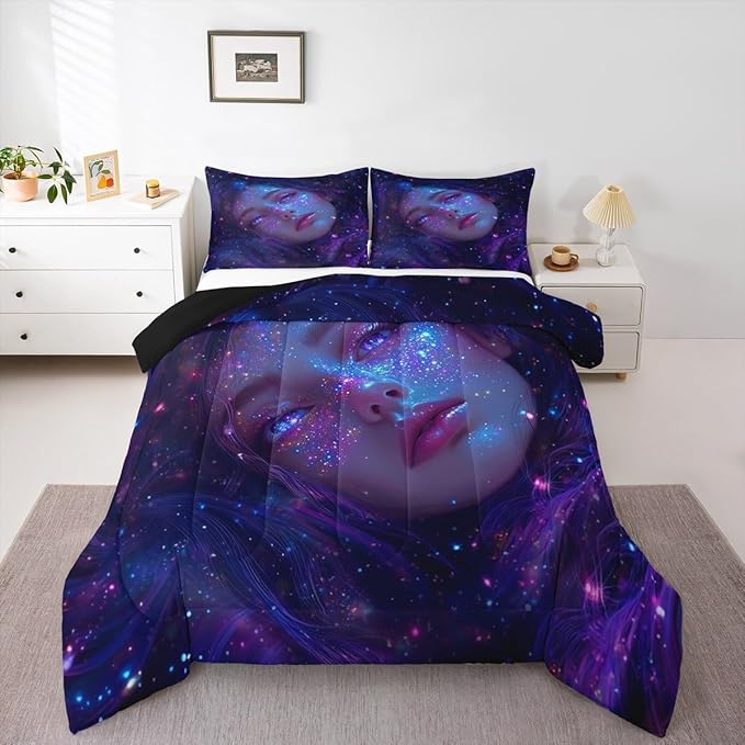 Erosebridal Anime Girl Bedding Queen Size Galaxy Star Girls Comforter Set, Modern Fantasy Dreamy Girly Duvet Set for Men Women Japanese Girl 3D Comforter 3 Pieces