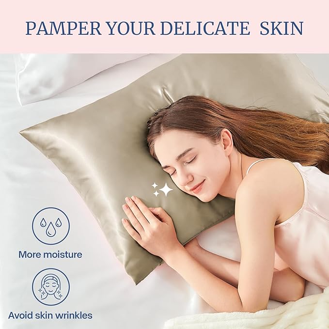 BEDELITE Satin Pillowcase for Hair and Skin, Super Soft and Cooling Similar to Silk Pillow Cases 2 Pack with Envelope Closure, Gift for Women Men(20"x26" Standard Size, Taupe)