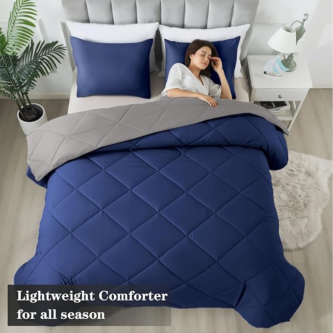 3-Piece King Comforter Set,All-Season,Soft & Hypoallergenic &Breathable Bedding,Polyester Quilted,Down Alternative(Comforter*1 & Pillowcases*2),Dark Gray/Dark Blue