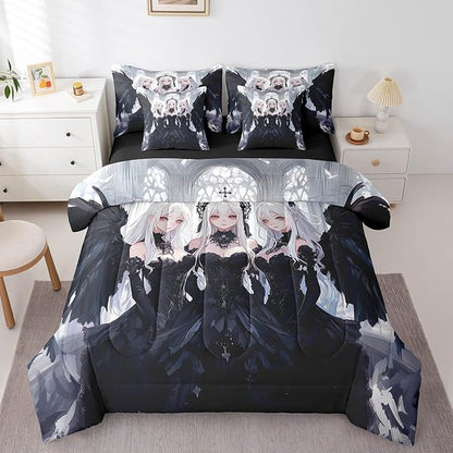 Erosebridal Japanese Anime Bed in A Bag Twin Comforter Set 7 Piece, Anime Girl Bedding Sets Kawaii Japanese Style Sheet Set with Comforter Cartoon Japan Animation Bedroom Decor, Black