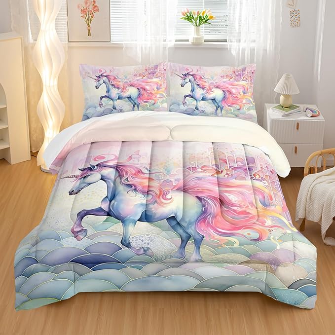 Pink Fantasy Unicorn Comforter Set King Rainbow Scales Unicorn 3pcs Bedding Set for Girls Boys Kids Cartoon Down Alternative Soft Lightweight Comforter with 2 Pillowcases All Season