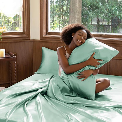 CozyLux Satin Sheets Queen Size Bed Set - 4 Piece Silky Queen Sheet Set, Luxury Aqua Queen Sheets with Smooth and Soft Microfiber, Includes 1 Fitted Sheet, 1 Flat Sheet and 2 Pillowcases