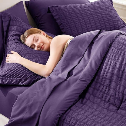 CozyLux Full Size Comforter Sets with Sheets 7 Pieces, Purple Seersucker Bed in a Bag Textured Luxury Soft Bedding Sets with Down Alternative Comforter, Sheets, Pillowcases & Shams for All Seasons