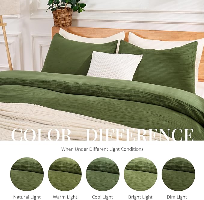 Green Duvet Cover King, 100% Sandwashed Cotton Soft King Size Duvet Cover Set 3 Pieces with Zipper Clousre & Corner Buttons (Green, King 104 x 90)