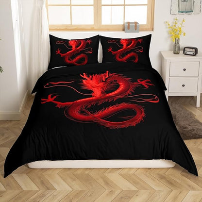 Feelyou Dragon Monster Bedding Set Twin Size Red Dragon Duvet Cover for Adult Kids Boys Girls Classical Monster Comforter Cover Set Black Red Cool Bedspread Cover 2Pcs Zipper