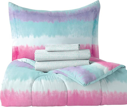 dream FACTORY Tie Dye Stripe 5-Piece Microfiber Bag Comforter Bedding Set Super Soft-Twin, Purple Multi,2D871601MU