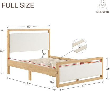 KISLOT Wood Bed Frame, with USB Headboard & Footboard, Cream, Full | Mattress Foundation, Strong Wooden Slat Support, Noise-Free, No Box Spring Needed, Easy Assembly