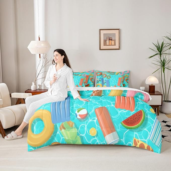 Swimming Pool Bedding Sets Watermelon Fruit Decor Summer Theme Comforter Set for Kids Teens Adults Bed in a Bag(Comforter Flat Sheet Fitted Sheet 2 Pillowcases 2 Throw Pillow Covers) 7 Pcs King