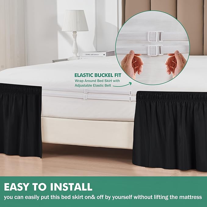 Biscaynebay Wrap Around Bed Skirts with Split Corners for Queen Beds 18" Drop, Black Adjustable Elastic Dust Ruffles Easy Fit Wrinkle Resistant Silky Luxurious Fabric Machine Washable