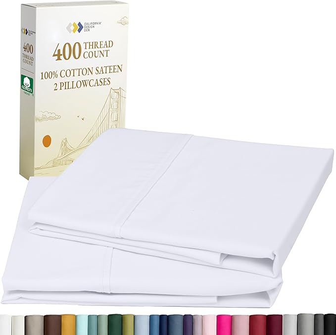 California Design Den Standard Queen Size Pillowcase Set - 400 Thread Count, 100% Cotton Sateen, Set of 2 Pillow Covers, Soft and Breathable - Bright White