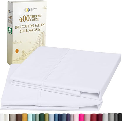 California Design Den Standard Queen Size Pillowcase Set - 400 Thread Count, 100% Cotton Sateen, Set of 2 Pillow Covers, Soft and Breathable - Bright White