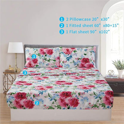 JSD Watercolor Rose Floral Sheet Set Queen Size, 4 Piece Soft Printed Microfiber Sheets Extra Deep Pocket