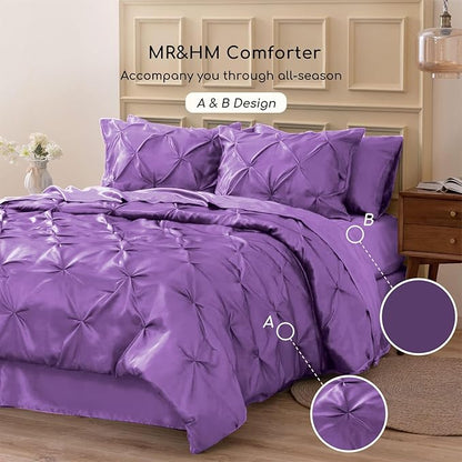 MR&HM Satin Comforter Twin 5 Pieces - Luxurious Pinch Pleat Bedding Set with Comforter, Flat Sheet, Fitted Sheet, Pillowcase & Sham, Super Silky Soft Bed Set for All Season (Twin, Lavender)