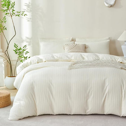 Comforter Set Queen Size Striped Soft Luxury Washed Microfiber Jacquard 3 Pieces Bedding, White Beige Vertical Ticking Stripes Comforter with 2 Pillowcases Breathable Durable Comfy