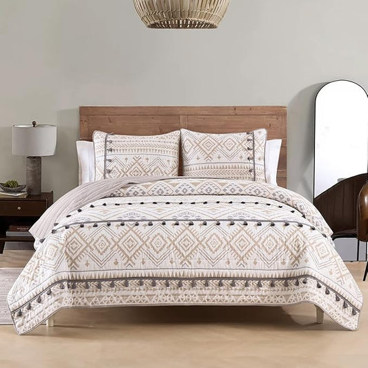 HORIMOTE HOME Boho Style Beige Twin Quilt Set with Tassle, Soft and Lightweight Bedspread for All Season, Twin Size Bed Coverlet with 1 Matching Pillow Sham (2 Pieces)