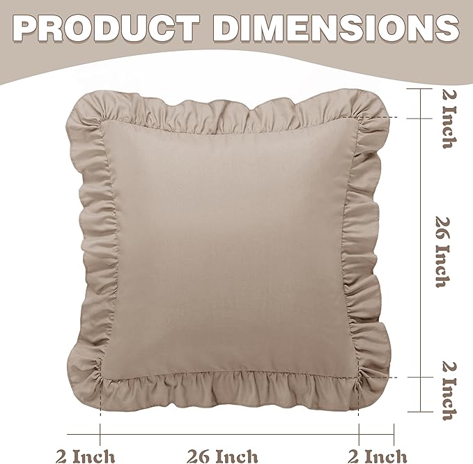 KKJIAF Ruffle Pillow Cases 26x26 Inches, Khaki Square Ruffled Pillow Covers Set of 2, Microfiber Wrinkle Resistant Pillow Shams with Envelope Closure for Sofa Bed Living Room