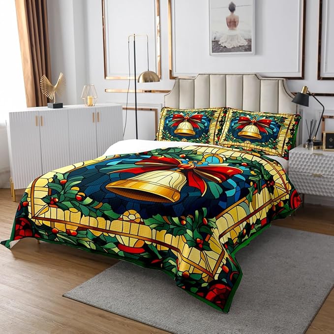 Manfei Christmas Bell Kids Bedspread Twin Size,Merry Christmas Bowknot Bow Tie Coverlet Set,Boys Girls Room Decor,Happy New Year Poinsettia Flower Quilted Coverlet,Red Xmas Bedding Quilt,1 Pillowcase