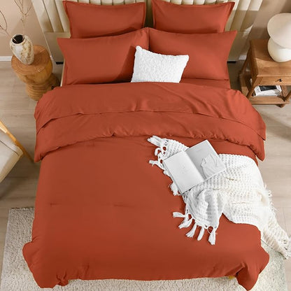 Litanika Burnt Orange Comforter King Size Set - 7 Pieces Terracotta Bed in a Bag King Bedding Comforter Sets, Plain Lightweight Bed Set with Comforter, Sheets, Pillowcases & Shams
