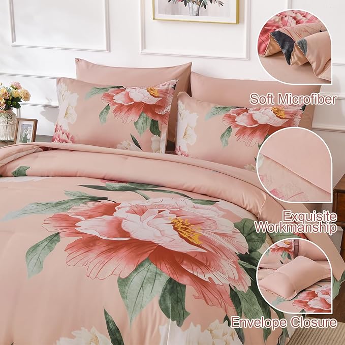 Dobuyly King Size Comforter Set Coral Pink 7 Piece Bed in a Bag, Pink Floral Bedding Set for Girls Women, Soft Microfiber Bed Set with Comforter, Sheets, Pillowcases & Shams