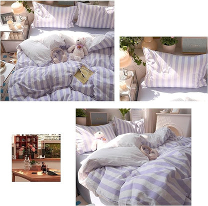 Purple Striped Duvet Covers King Vintage Cute King Size Comforter Cover Soft Farmhouse Boho Hotel Duvet Cover Set with Hidden Zipper Dorm Room Girls Bedding Washed Microfiber Duvet Protector