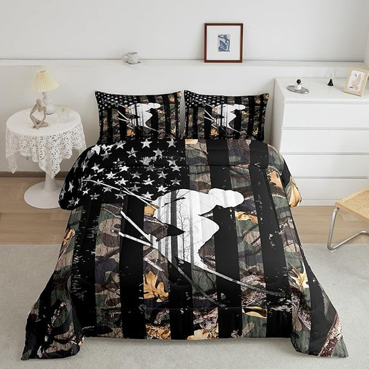 Castle Fairy American Flag Comforter Set King,Skiing Sports Theme Kids Boys Men Bedding Decor,Camo Stripes Comforter with 2 Pillowcases,Green Leaves Quilt Set 3 Pcs,Camouflage Camo Room Decor