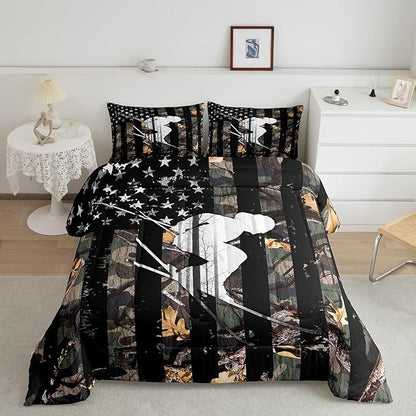 Camo Queen Size Comforter Sets,American Flag Western Bedding for Kids Boys Girls,Skiing Sports 3 Piece Camouflage Printed Down Comforter,Green Trees Leaves Duvet Set