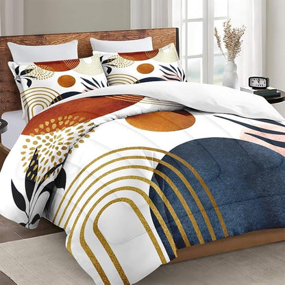 Full Size Comforter Set with 2 Pillowcases, Mid Century 3 Pcs Bedding for Adults, Sun Boho Geometric Leaf Soft Comforter Set for Bedroom Bed Decor