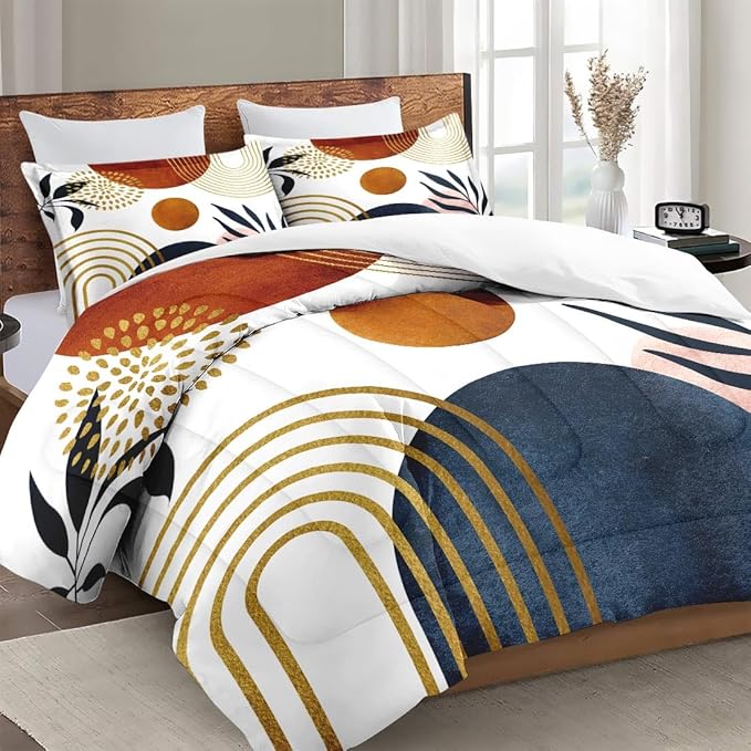 King Size Comforter Set with 2 Pillowcases, Retro Sun Boho Geometric Leaf 3 Pcs Bedding for Adults, Mid Century Soft Comforter Set for Bedroom Bed Decor