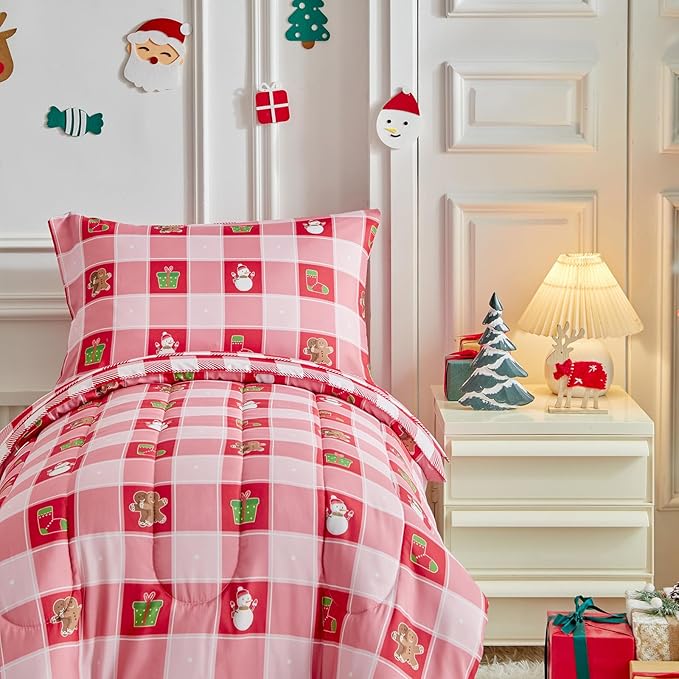 Christmas Toddler Bedding Set for Boys Girls Red White Plaid Colorful Holiday 4PC Toddler Bed Set - Cute Toddler White Bed in a Bag with Snowman Socks GIF Box