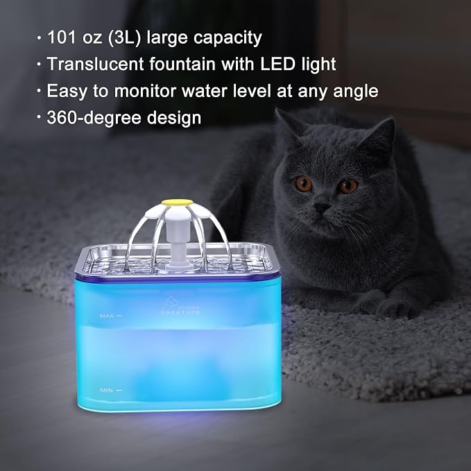 Wonder Creature Crystal Cat Water Fountain Stainless Steel Lid, 101oz/3L | Pet Fountain with Transparent Base, Quiet Pump, LED Indicator Light, Triple Filtration, 3 Flow Modes for Cats and Dogs