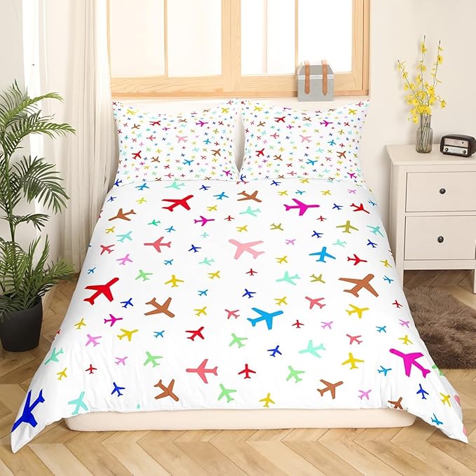 Castle Fairy Kids Aircraft Bedding Set Watercolor Transportation Vehicles Duvet Cover Set Boys Airplanes Comforter Cover Colorful Bedspread Cover Bedroom Quilt Cover Full,No Comforter