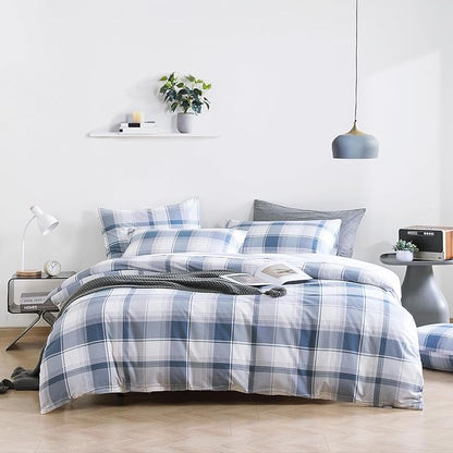 Vintage Cotton Comforter Queen Size 3Pcs - Classic Tartan Plaid Pattern with Denim Blue, Soft Gray and White, Lightweight Bedding Sets with Soft Fill(1 Comfoter 90"×90", 2 Pillowcases)