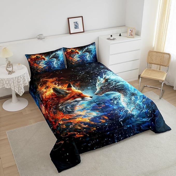 Fox and Dragon Comforter Set Twin Size,3D Flaming Ice Collision Bedding Set,Western Magical Style Animals Down Comforter for Kids Boys Girls Teens Room Decor,Galaxy Universe Quilt Duvet Insert 2Pcs