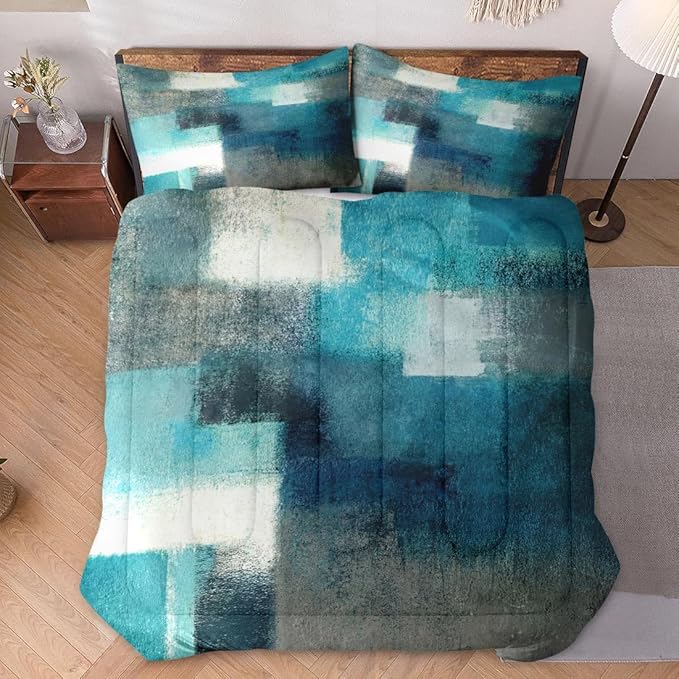 King Size Comforter Set with 2 Pillowcases, Turquoise Grey Painting Contemporary Teal Soft 3 Pcs Bedding for Kids and Adults Bedroom Bed Decor