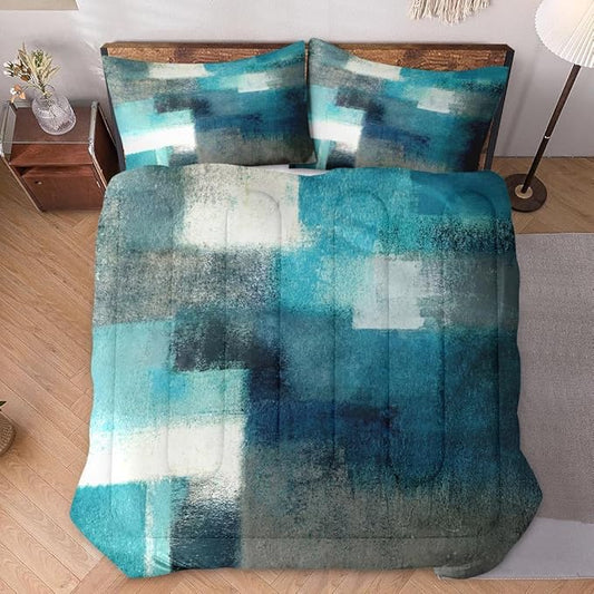 Twin Size Comforter Set with Pillowcase, Painting Contemporary Teal Turquoise Grey Soft 2 Pcs Bedding for Kids and Adults Bedroom Bed Decor