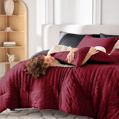 MUXHOMO 7 Pieces California King Comforter Set, Seersucker Bed in a Bag Cal King Size, All Season Luxury Bedding Set with Comforter, Flat Sheet, Fitted Sheet, Pillowcases & Shams, Red & Black