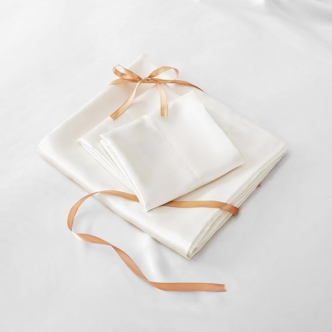 BEDELITE Satin Sheets Full Size Bed Set, Luxury Soft Ivory White Silky Sheet for Hair and Skin, Similar to Silk Bed Sheets Set 4 Pieces with 1 Deep Pocket Fitted Sheet, 1 Flat Sheet, and 2 Pillowcases