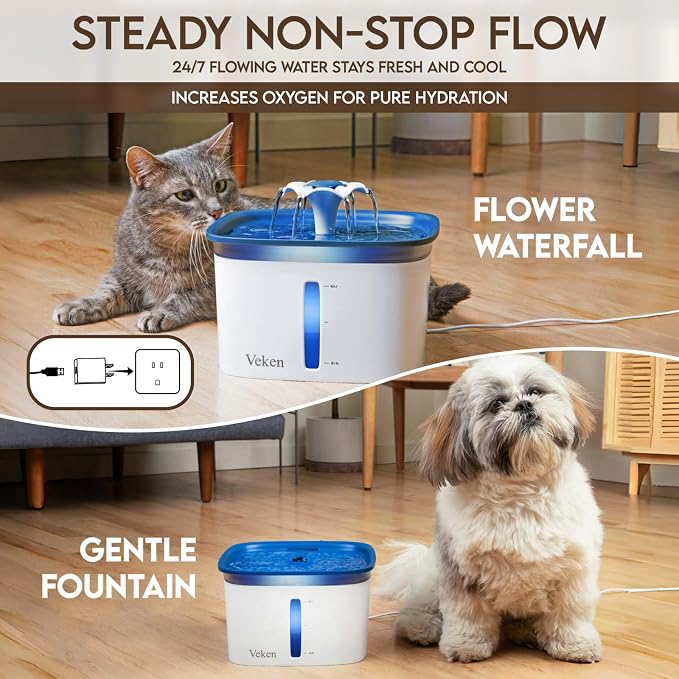 Veken Innovation Award Winner 95oz/2.8L Cat Water Fountain | Automatic Pet Fountain Dog Water Dispenser with Replacement Filters & Silicone Mat for Cats, Dogs, Multiple Pets (Blue)